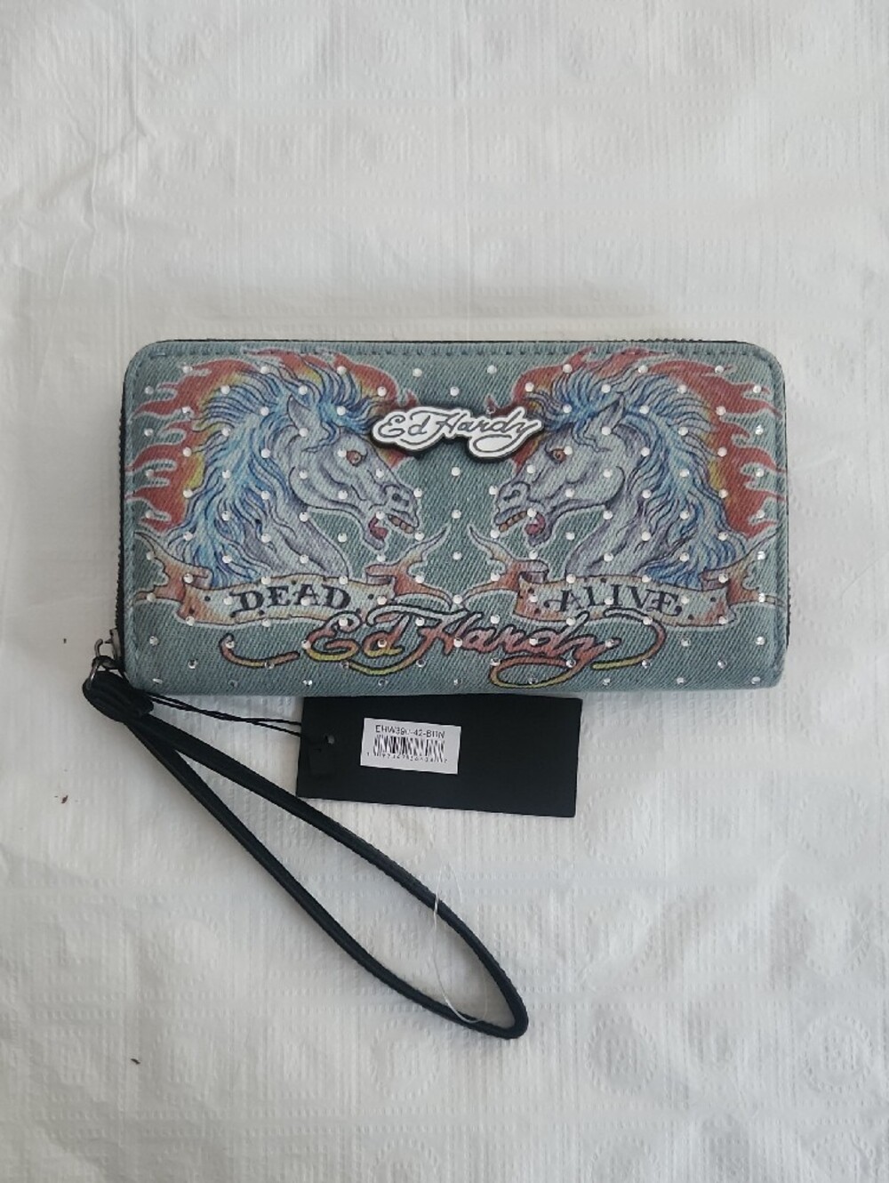 Ed Hardy Wristlet Wallet purse bag denim blue zip Flame Dead Alive Skull horses